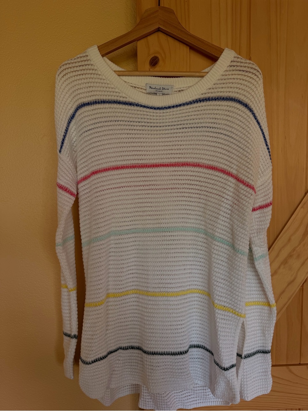 Michael Stars White Crewneck Sweater with Multi-Color Stripes